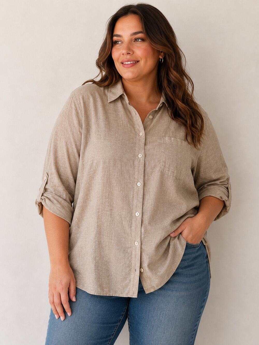 Susan Graver Pure Linen Blend Button Front Shirt 1X Beige Roll Tab Sleeve